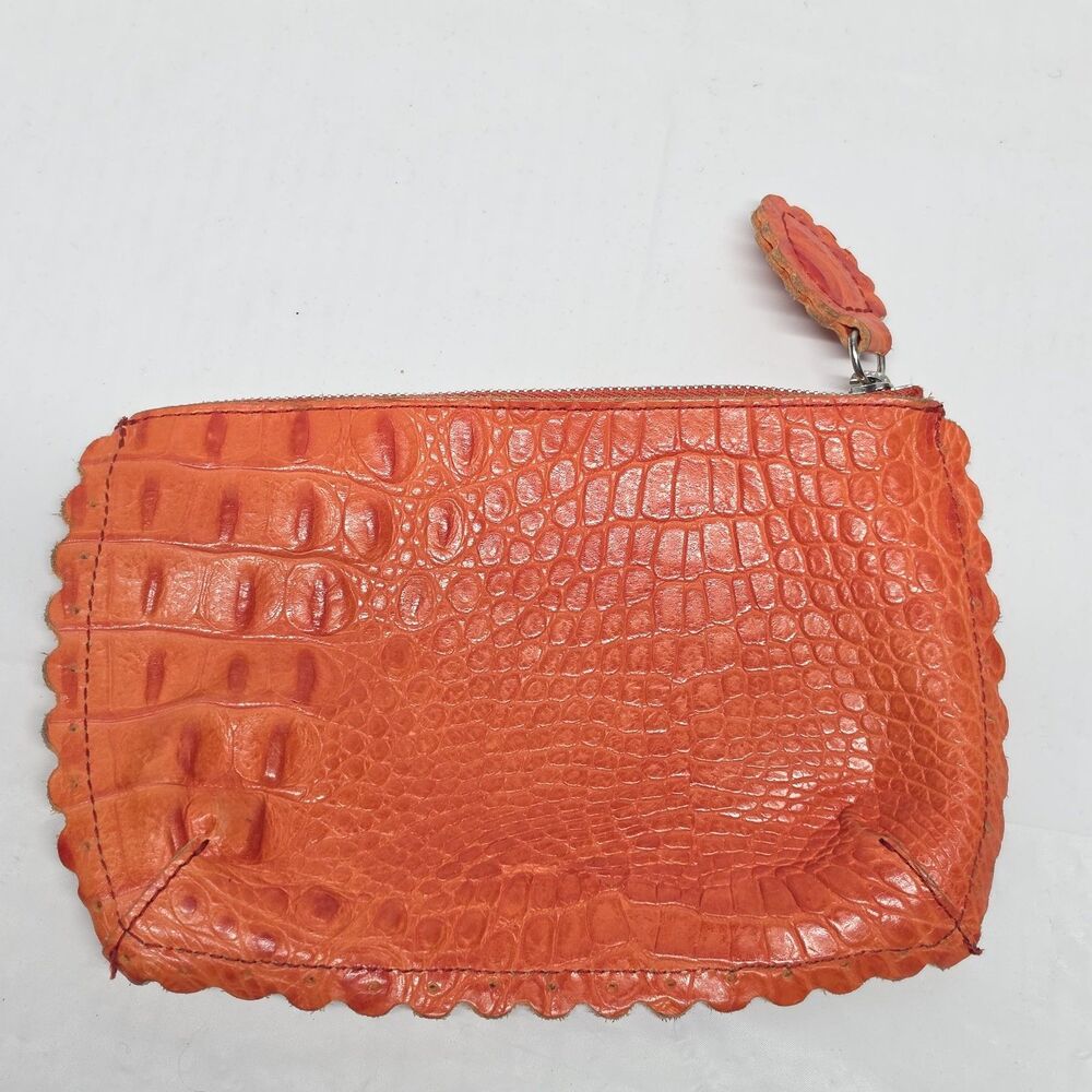 FURLA Orange Leather Cosmetic Bag Makeup Pouch Croco Embossed Texture Italy